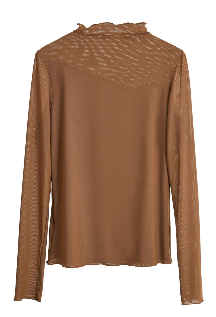 Amii Minimalism Mesh T-shirts For Women 2025 Spring New Office Lady Half-high Neck Micro Perspective Slim Retro Shirt 12423055