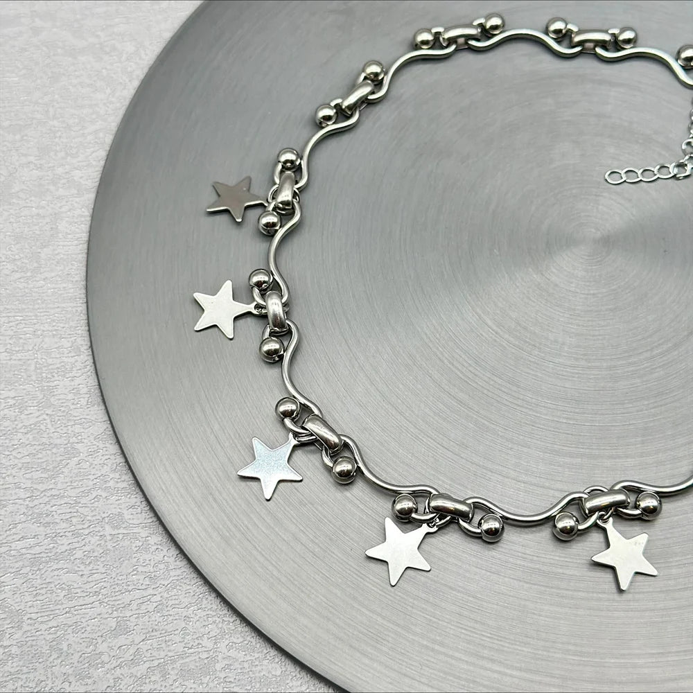 Grunge Fashion Stainless Steel Star Charms Wave Ball Chain Necklace for Women Y2K Harajuku Choker Layed Necklace Emo Jewelry