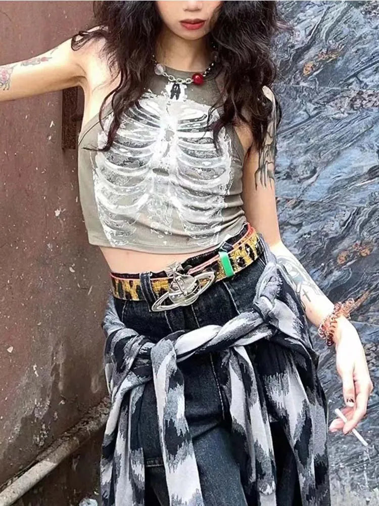 Punk Aesthetic Cyber Retro X-ray Skeleton Print Rib Sleeveless Vest ArmyGreen Crop Top Designer Clothes Women 2023 Summer Emo