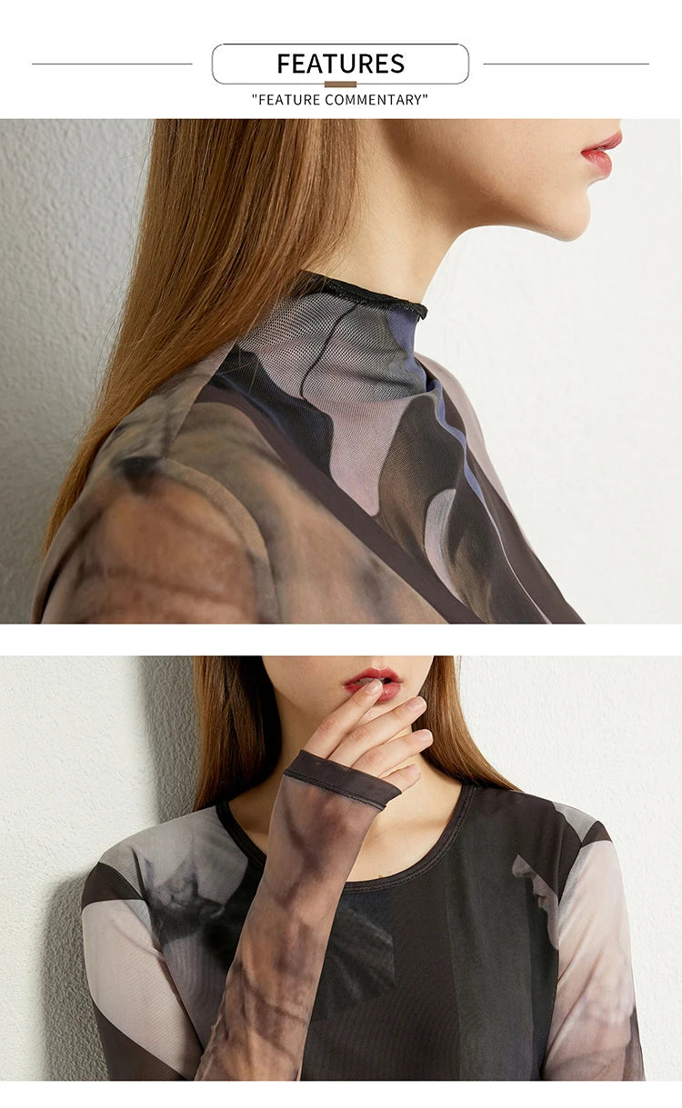 AMII Minimalism Long sleeve T-shirts for Women 2025 Spring New Bottoming Shirt Mesh Printing Inside Slim Trendy Tops 12421003