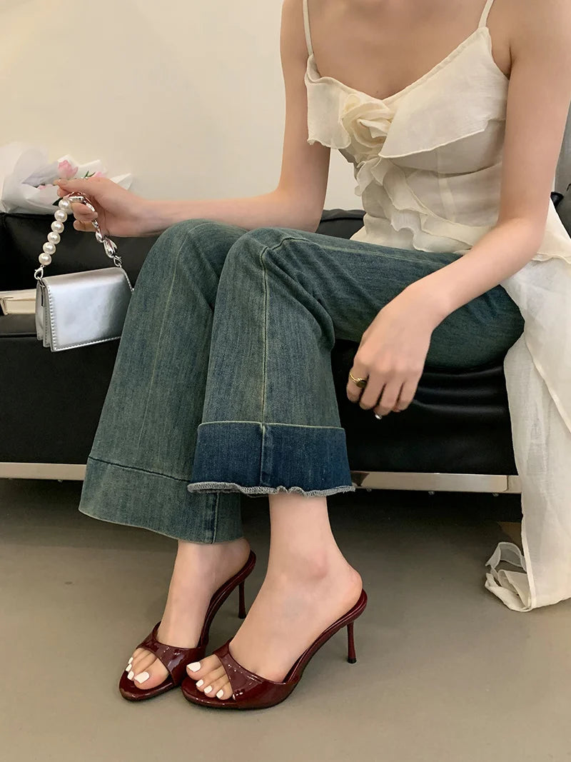 Liyke Wine Red Patent Leather Women Slippers Sandals Fashion Round Open Toe Thin High Heels Mules Slides Summer Party Dress Shoe