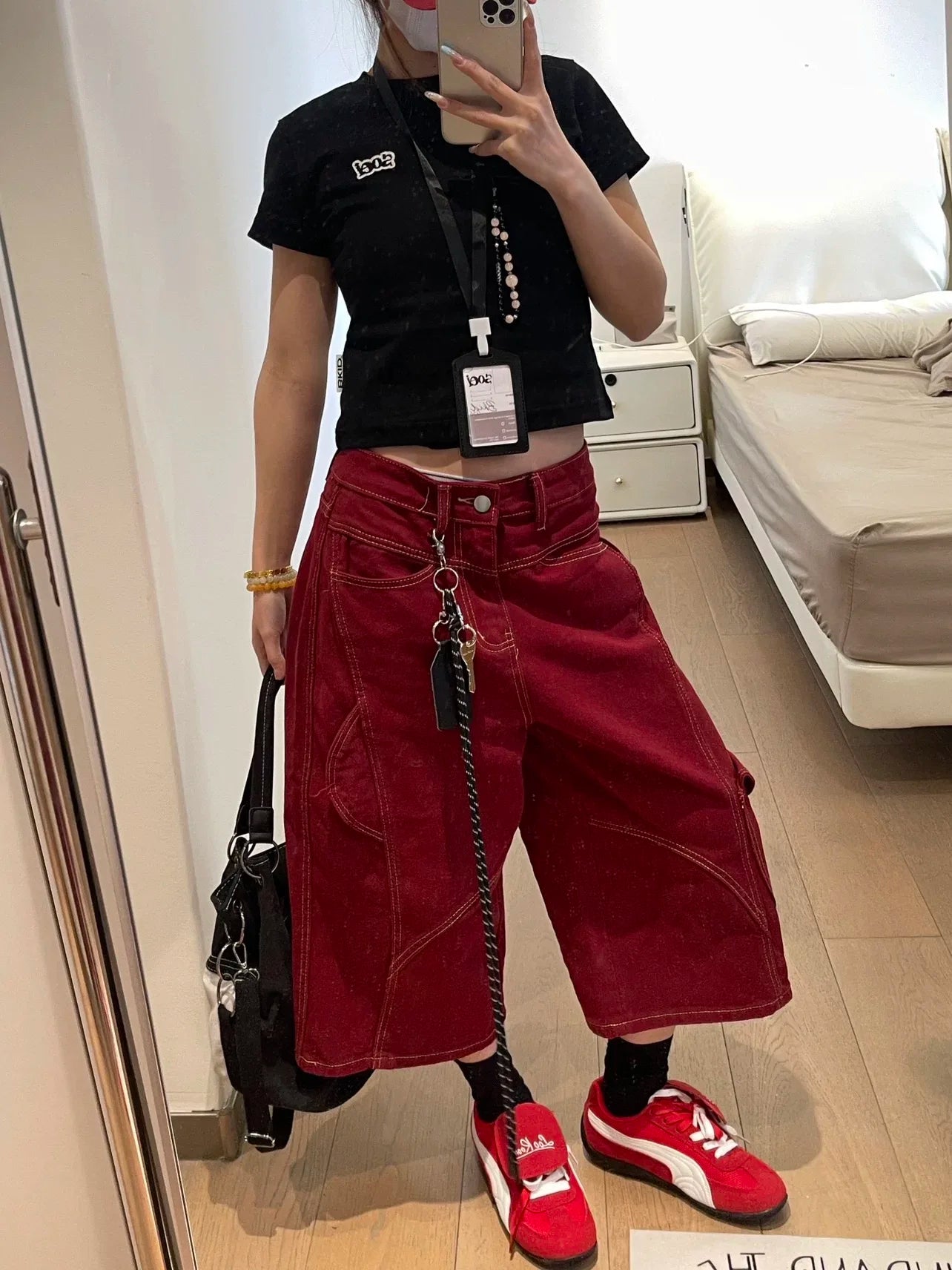Botvotee Burgundy Calf Jeans for Women High Waisted Wide Leg Baggy Cargo Denim Shorts 2000s Y2k Vintage Streetwear Short Jeans