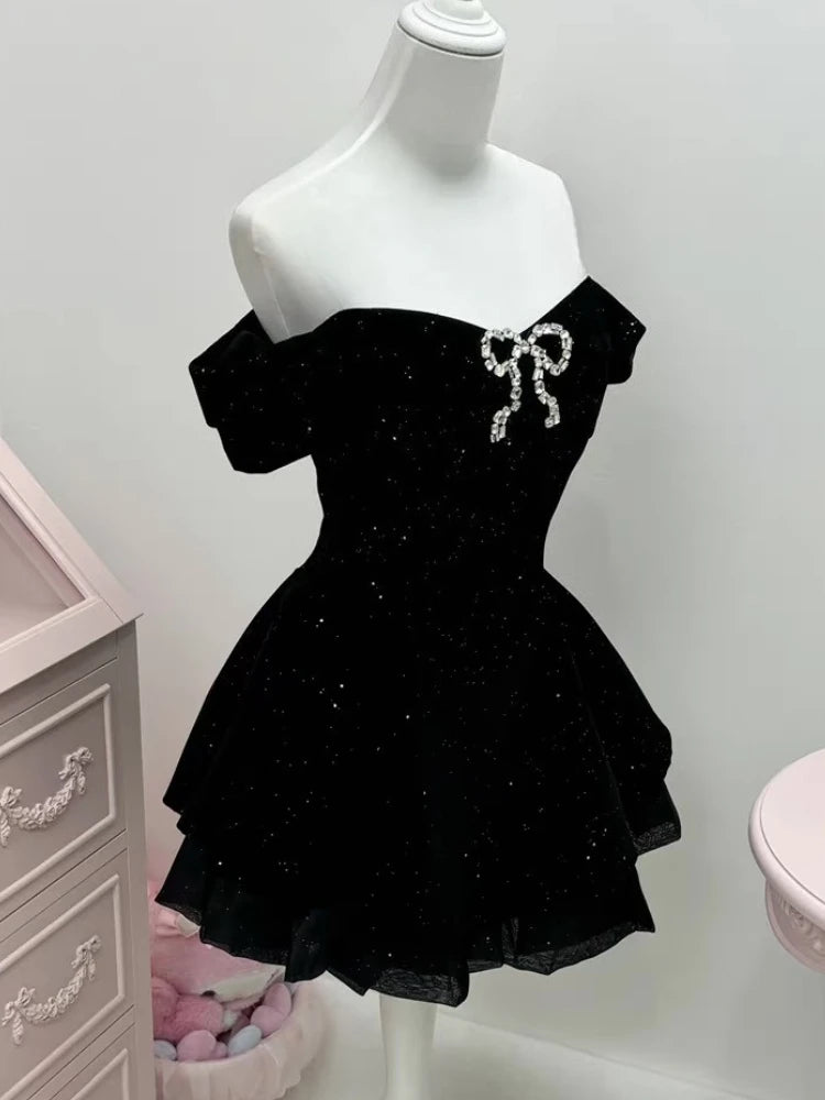 French Black Vintage One Piece Dress Woman Gothic Off Shoulder Bow Short Dresses Female Fairy Birthday Party Chic Outfit 2025