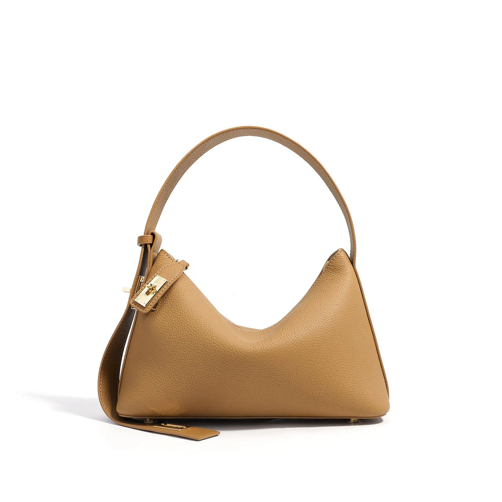 Women's Plain Color Genuine Leather Handbag Fashionable All-match Casual Versatile Trendy Single Shoulder Bag with Lock Design