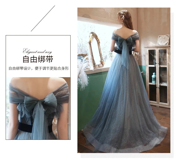 New greydish blue long sweat lady girl women princess bridesmaid banquet party prom dress gown