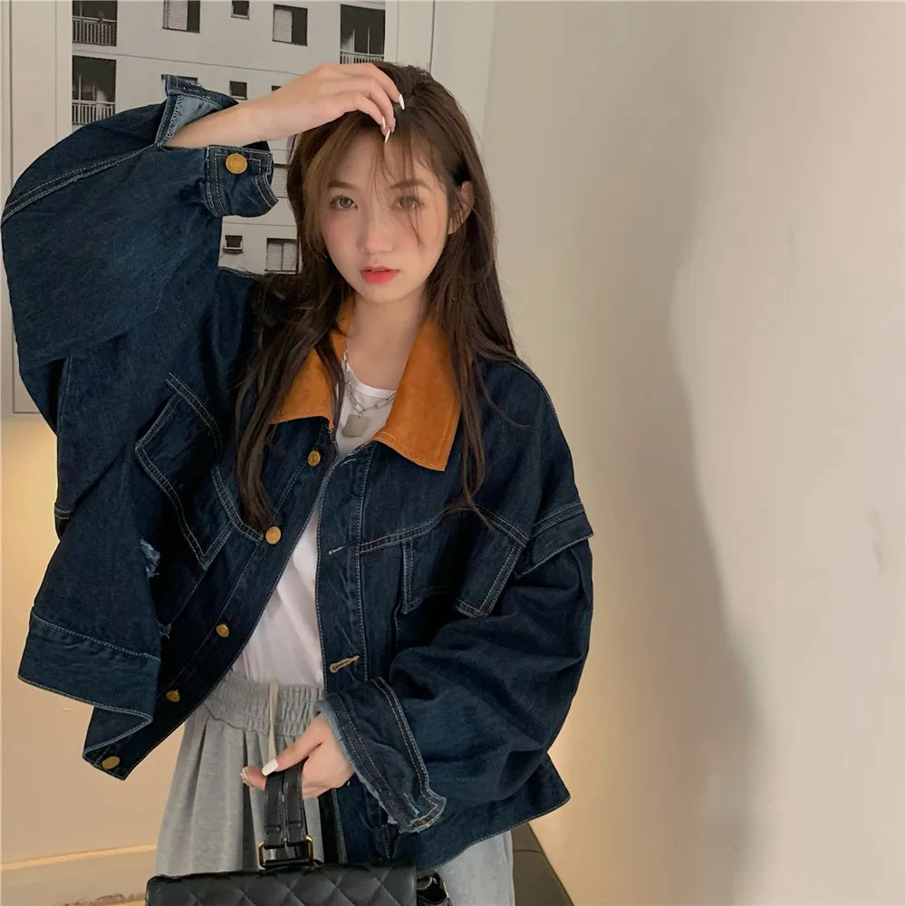 Women's Corduroy Collar Denim Jaet ort Loose Fit Autumn Winter plus Size Versatile Retro Sle Top for Full Figured Ladies