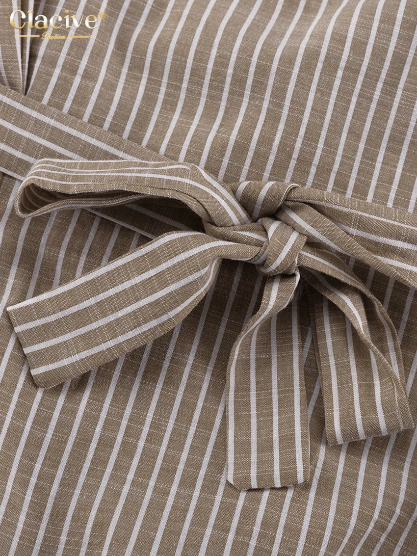 Clacive Vintage Loose Brown Stripe Women Shirts 2025 Fashion Stand Collar Long Sleeve Shirt Elegant Classic Top Female Clothing