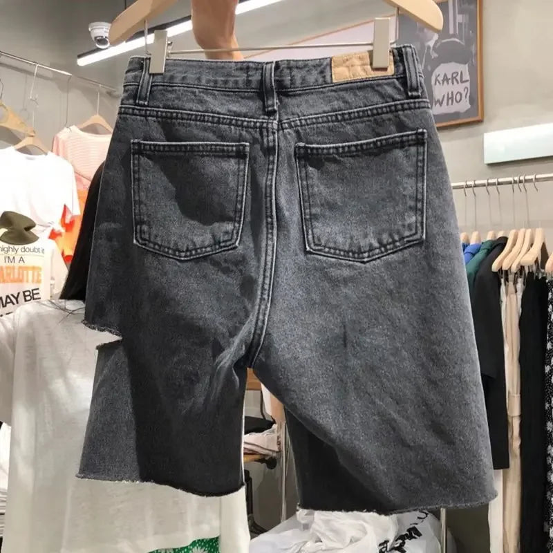 High Waist Skinny Jeans Shorts Women's Five-Quarter Thin New Style Hot Sale Of The Season Hole Design Straight Leg plus Size Hot