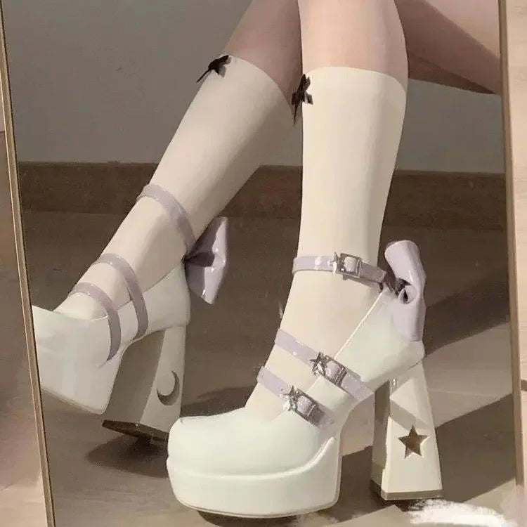 Mary's Spring New Women's Fashionable Thick Heel Bow Hollow Out Line Toe Flats Summer Season Flat Heel Women's Shoes