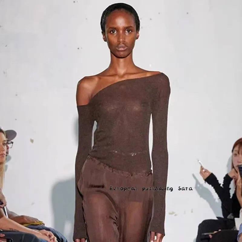 pa wl one-shoulder long-sleeved top, female wool blend off-the-shoulder base shirt, cutout backless knitted sweater