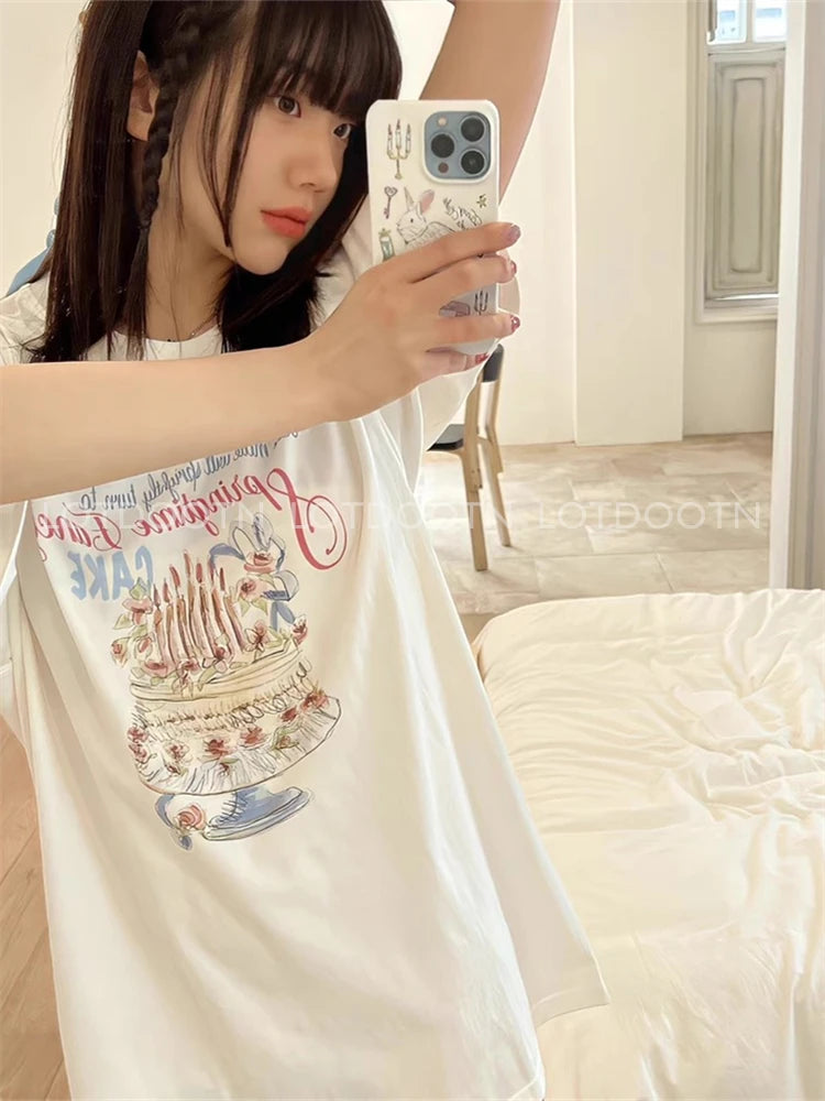 LOTDOOTN Loose Short Sleeve T-Shirt Cake Print Sweet Design Korean Casual Cotton Crew Neck Tops Female Summer Fashion Tee Shirts