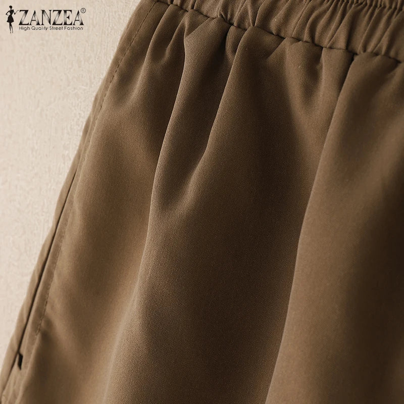 2025 ZANZEA Summer Shorts Women Fashion Casual Elastic Waist Trousers Vintage Holiday Beach Pant Solid Loose Pantalon Plus Size