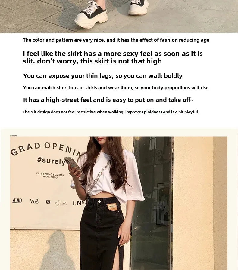 Mid-Length Denim Mini Skirt for Women High Waist Slimming Split Knee-Length Summer Trendy Cotton Half Body Skirts