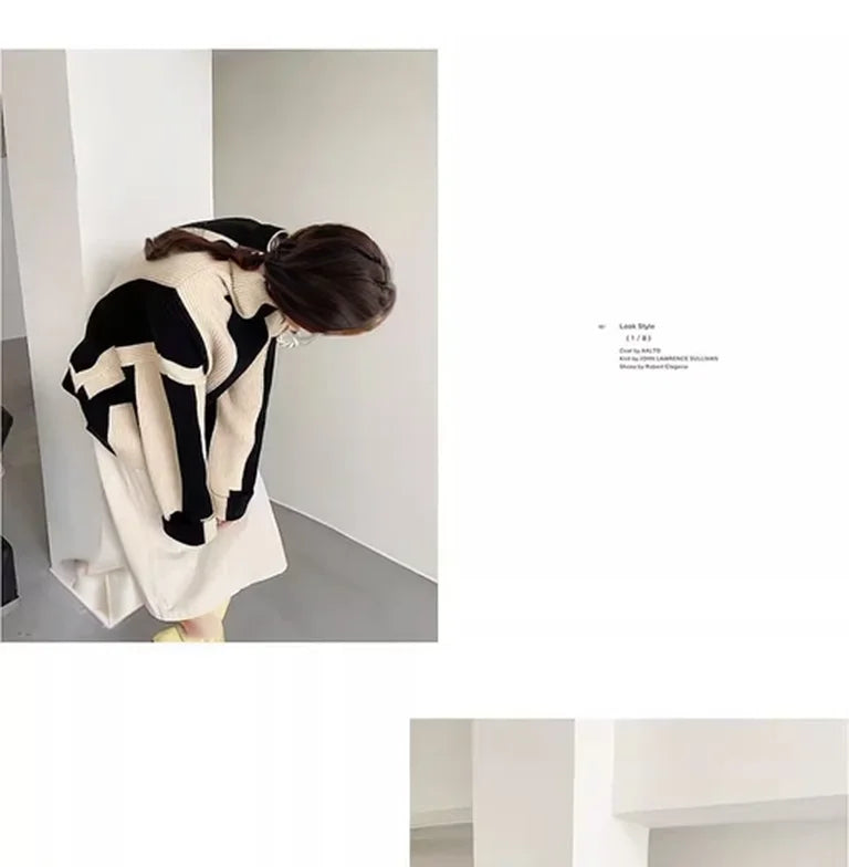 High-crowned Lazy Style Black White Stripe Wool Coat Women Autumn Winter Outdoor Warm Soft Cover Knitted Top Thick