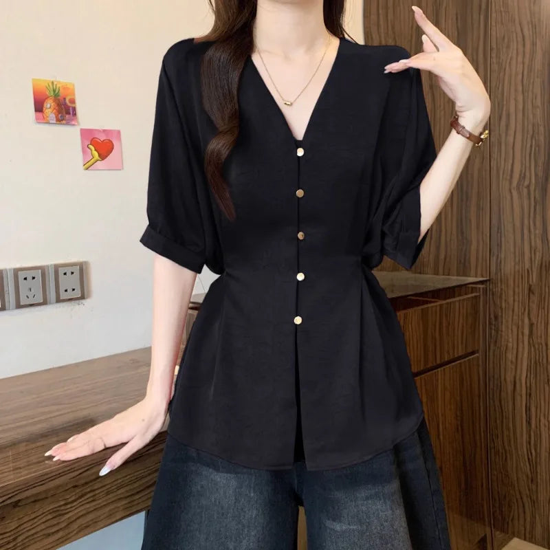 Women Clothes Summer Fashion Korean Button Solid Color V-neck Puff Sleeve Female Simplicity Elegant Temperament Short Sleeve Top