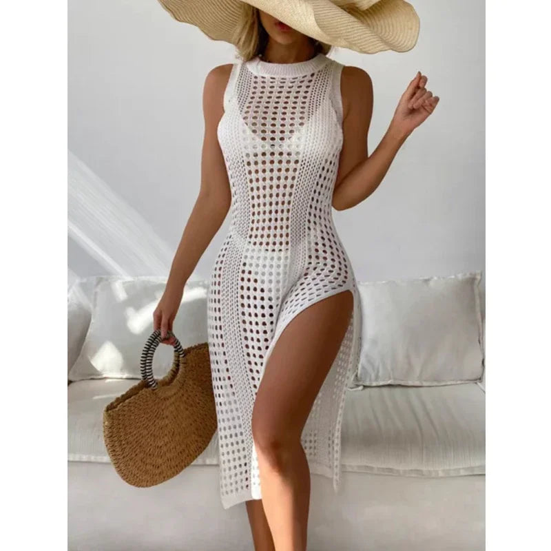 Women's holiday sexy cutout crochet cover swimsuit sleeveless bikini dress smock high slit beach knit solid swimsuit