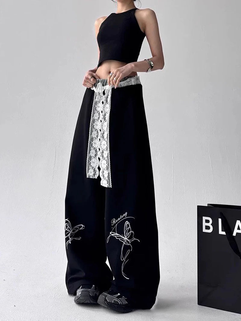 Zoki Vintage Bufferfly Y2K Sweatpants Women Loose High Waist Lace Patchwork Pants Streetwear Retro Casual Bf Harajuku Trousers