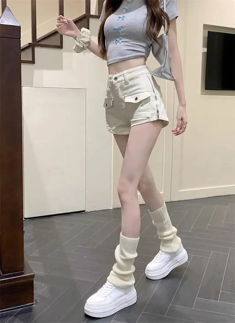 Sexy Hottie Slim Denim Shorts Women Summer Simplicity Office Lady Solid Color Cargo Fashion High Waist Appear Thin Wide Leg