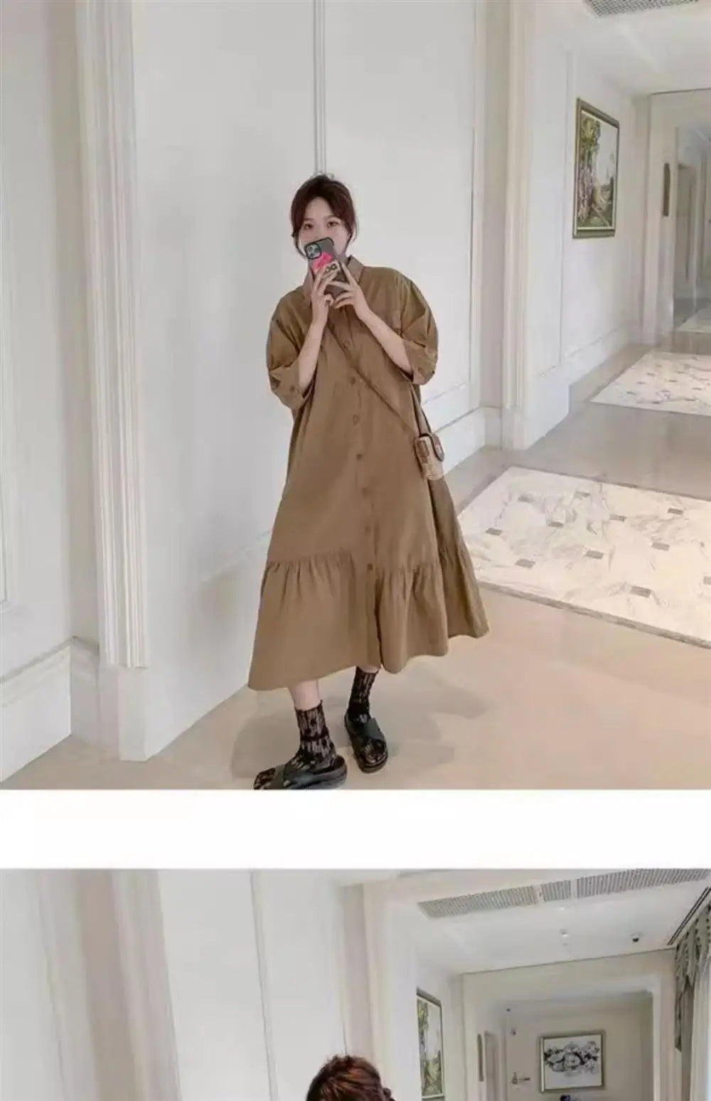 plus Size Khaki Shirt Dress Women Casual Summer Loose Fit High Waist A-Line Skirt Long Sleeve Polo Collar Polyester Fiber