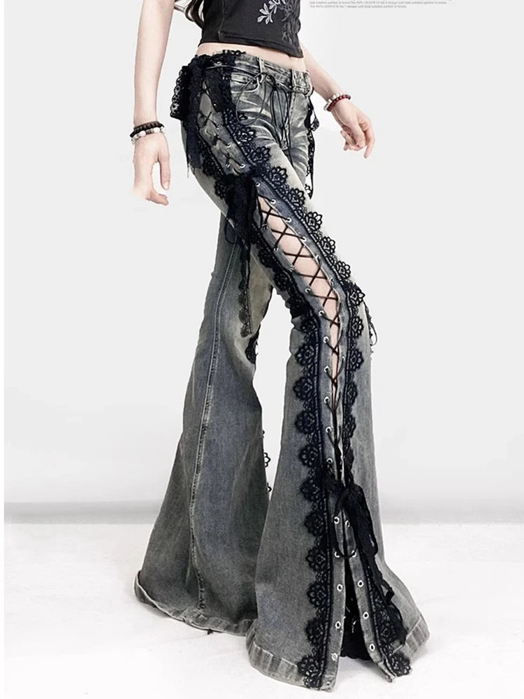 Sexy Punk Flared Jeans Long Trouser Women Lace Up Front Hollow Cut Out Bell Bottom Tied Up High Waist Streetwear Pants