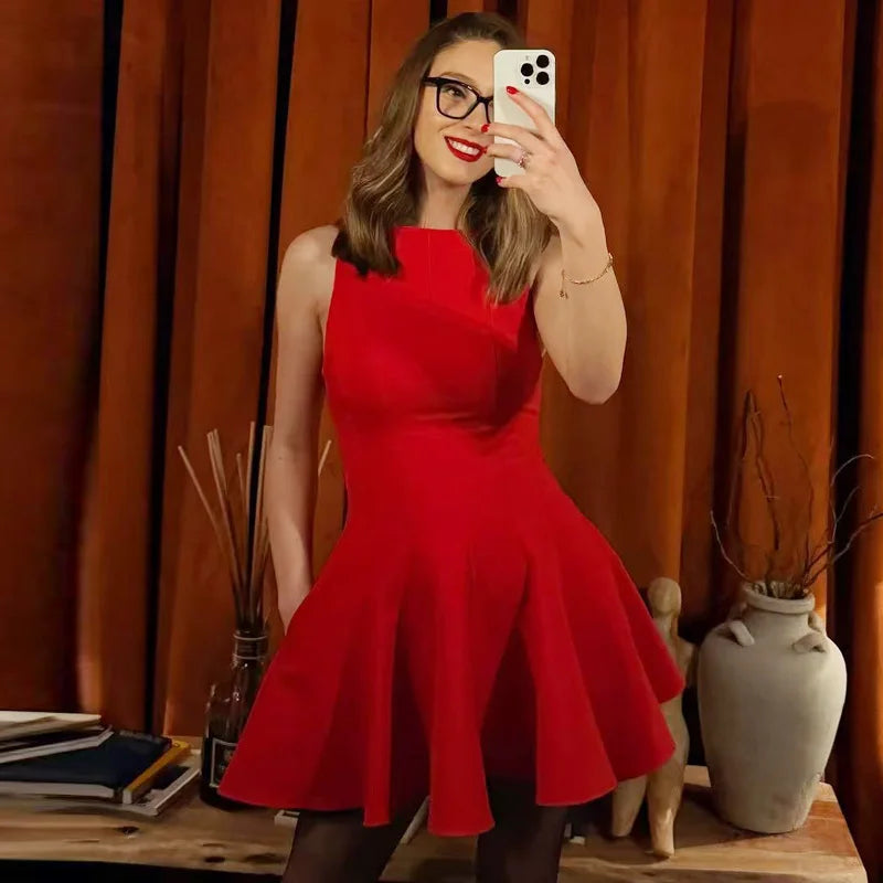 TRAF Halter Short Dress Womens Dresses Red Yellow Dress Woman Summer 2025 Ruffled Backless Sleeveless Vestidos Elegant Dress 066