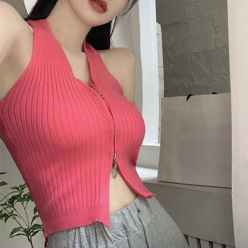 V-neck Camis Women Hotsweet Sexy Halter Crop Tops Zipper Streetwear Pure Sleeveless Chic