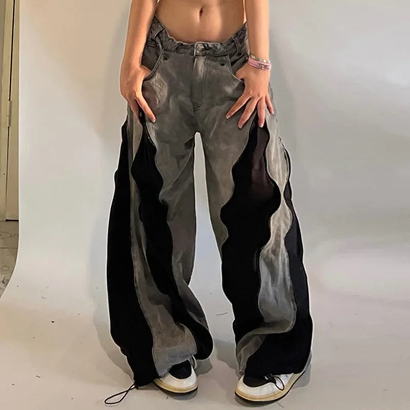 Women's Hip Hop Two-tone Patchwork Low Rise Zipper Denim Pants Baggy Wide Leg Dragging Designer Trousers High Street Jeans Pants