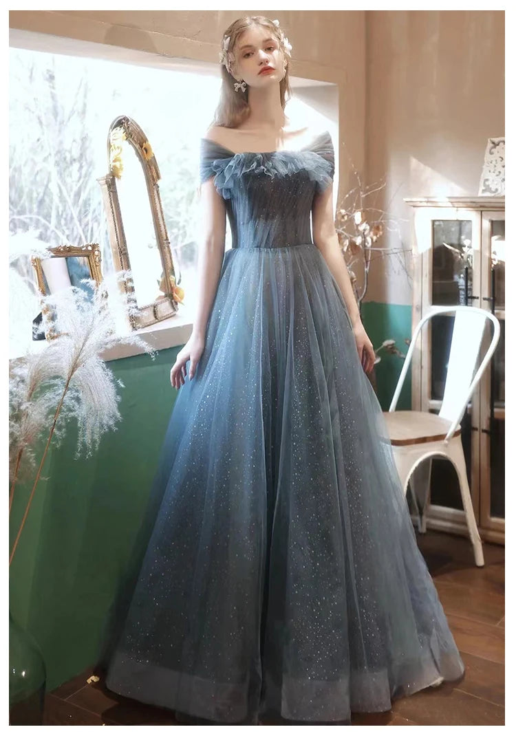 New greydish blue long sweat lady girl women princess bridesmaid banquet party prom dress gown