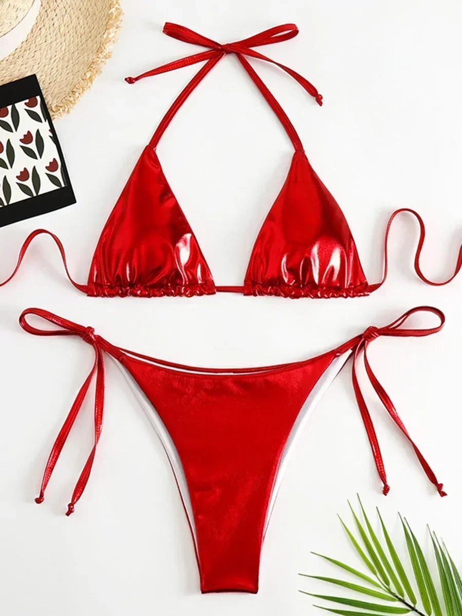 Sexy Shiny Pu Faux Leather Bikini 2025 Women Swimwear Female Swimsuit Two-pieces Bikini set String Bather Bathing Suit Swim Lady
