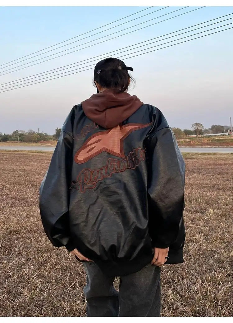 American retro letter embroidery leather Jacket Coat women's Y2K street hip-hop trend baseball suit couple casual leather jacket