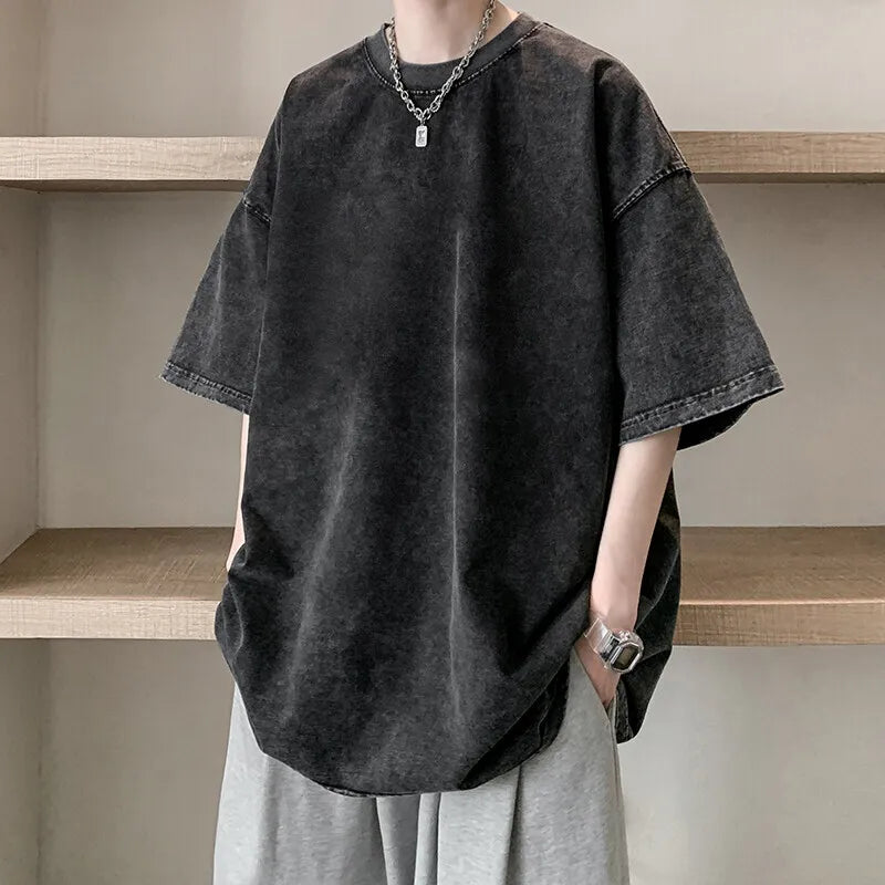 Summer Cotton Short Sleeved T-shirt Men Oversized Retro Washed T Shirt Men Streetwear Hip-hop Loose Round Neck T Shirt Mens Top