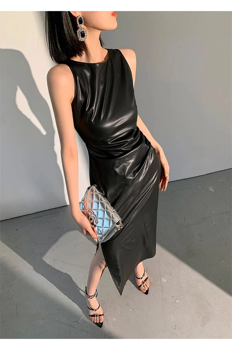Lautaro Spring Autumn Sleeveless Backless Black Stretchy Blue Soft Faux Leather Midi Tank Dress Women Slim Fit Long Dresses 2023