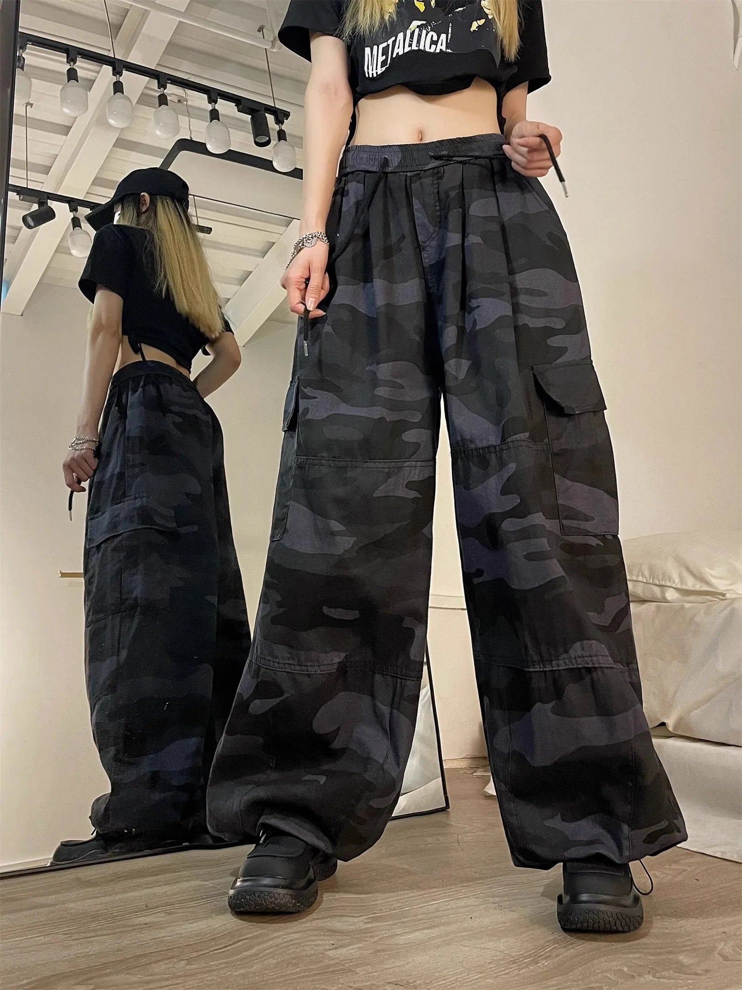 American High Street Camouflage Work Pants Women's Dstring Hip Hop Large Size Loose Straight Leg Wide Leg Trousers