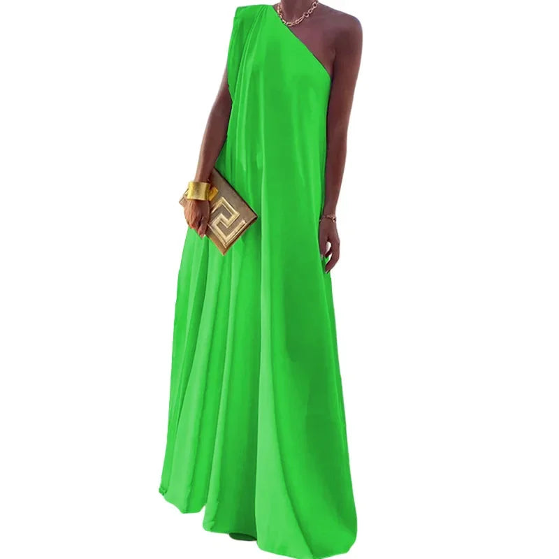 2024 Spring New Women's Fashion One Shoulder Solid Color Sleeveless Banquet Gown Long Dress Vestidos De Mujer