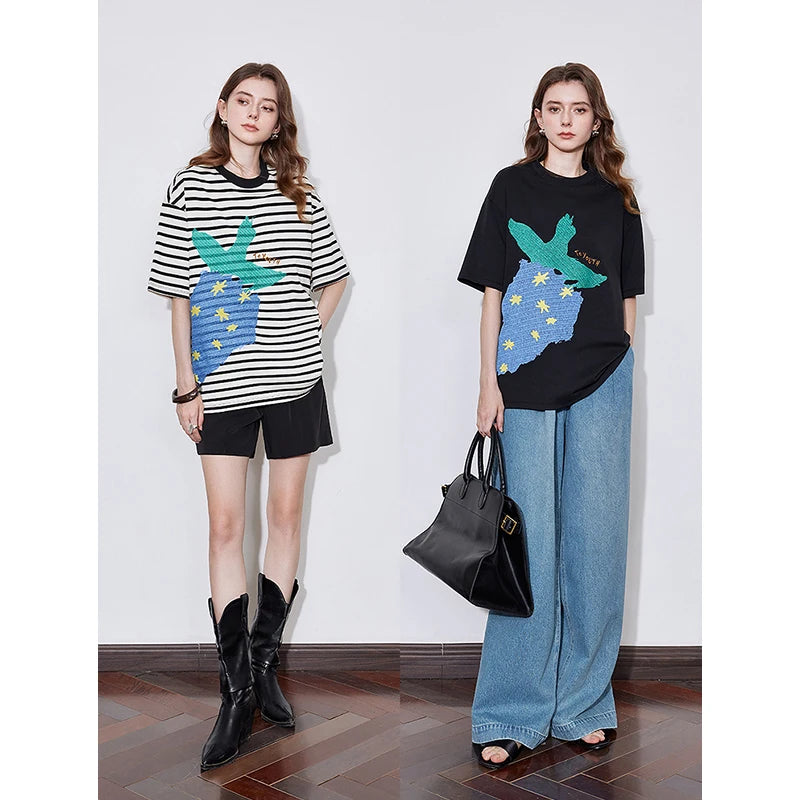 TOYOUTH Women Short Sleeve T-shirt 2025 Spring New Striped Strawberry Embroidered Round Neck Loose Pullover Tops