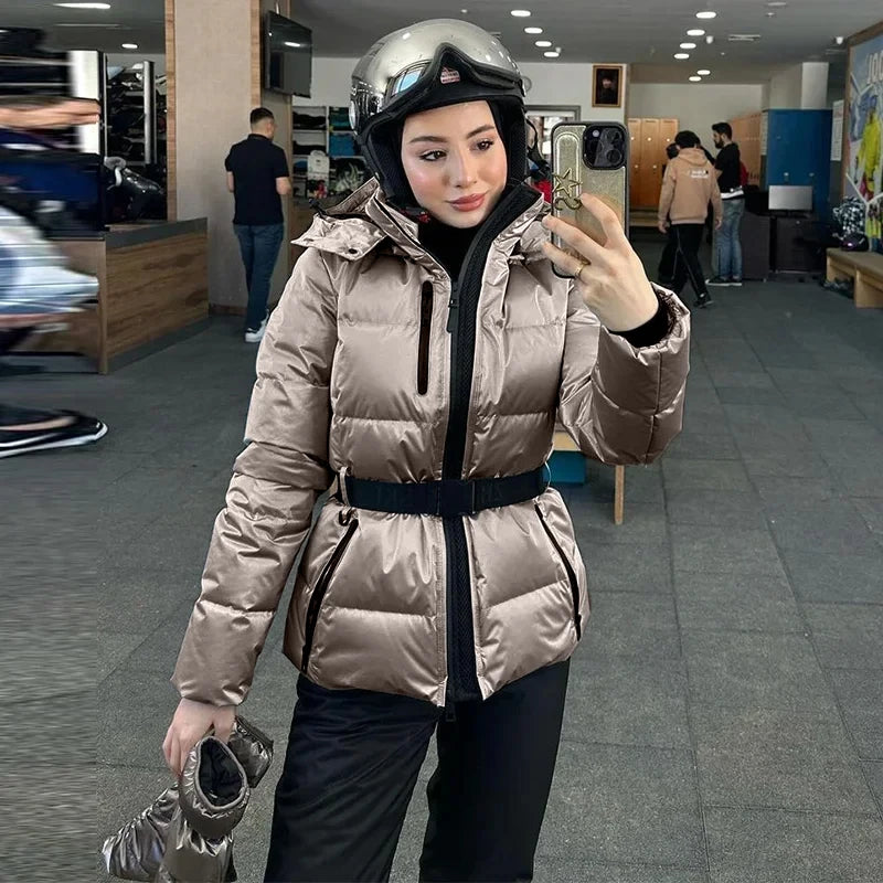 Fashion Hooded Padded Coats With Belt Women Slim Stand Collar Full Sleeve Pocket Coat Winter Lady Thicken Warm Skiing Jacket