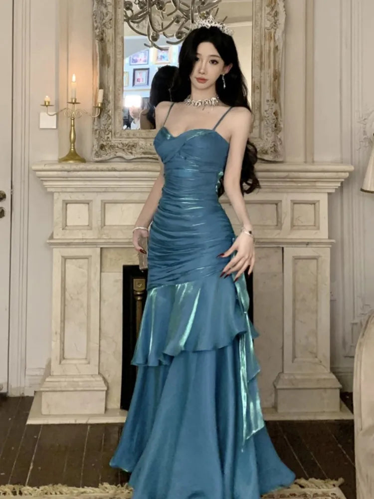 Sexy Shiny Glitter Mermaid Evening Party Prom Gowns Spring Summer Spaghetti Strap Ruffled Dresses Sleeveless Slim Waist Robe
