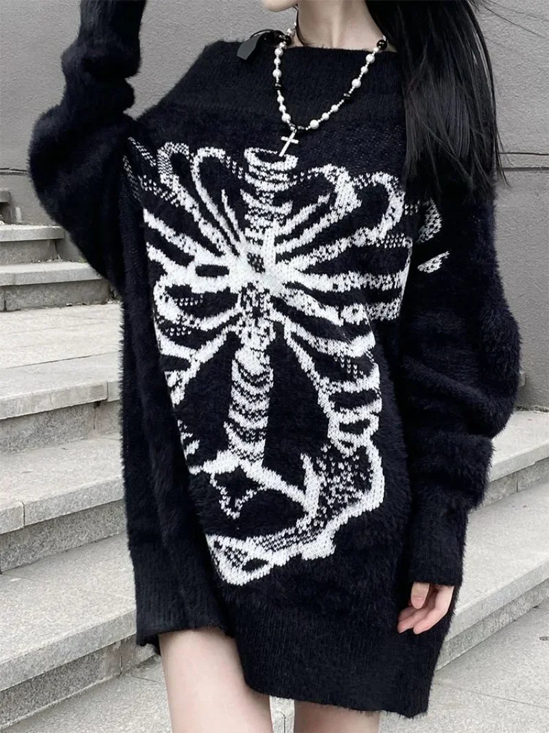 Goth Skull Print Harajuku Sweater Sweater Tops Aesthetic Women's Black Pullover Harajuku Fashion Streetwear Tops 2000