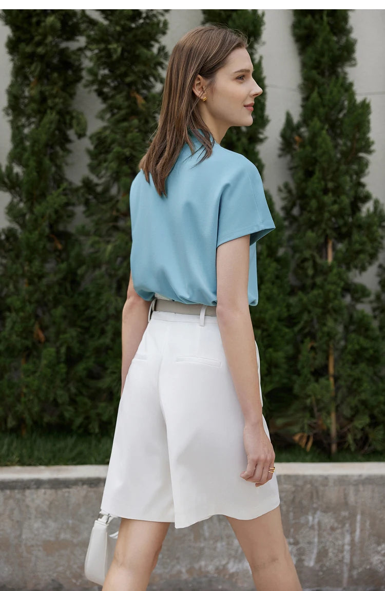 AMII Minimalism 2023 Summer Women's T-shirt Classic Style Casual V-neck Short Sleeve Solid Stretch Female Tops & Tees 12312013