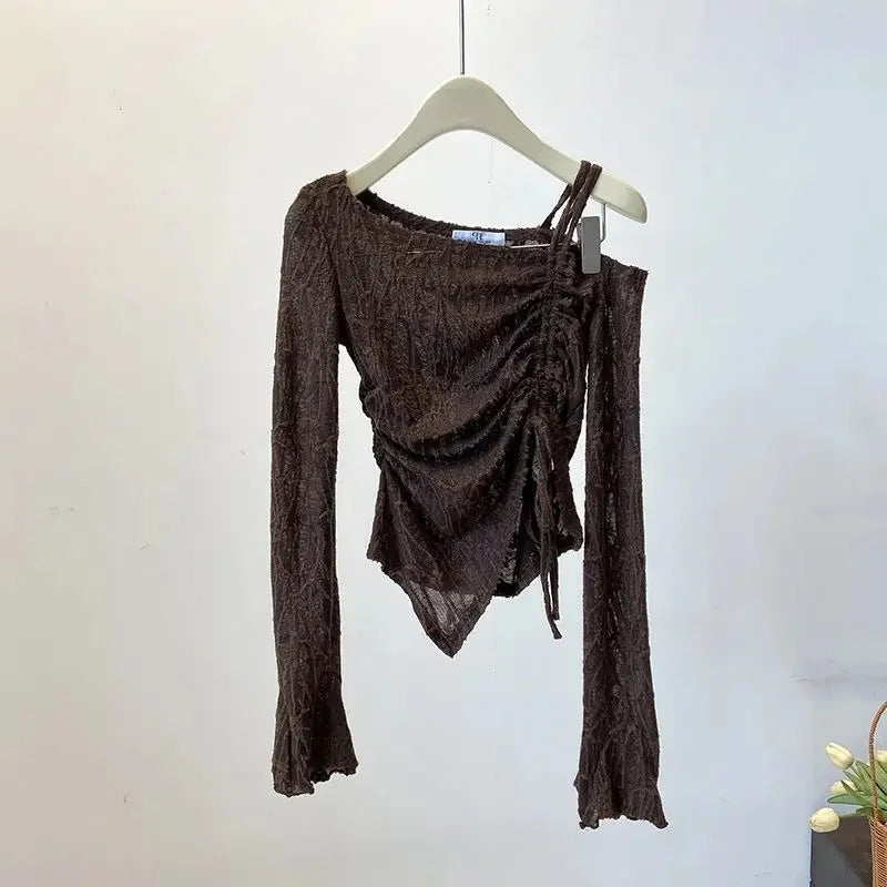 Elegant Shoulder Bared Bell Sleeve One Shoulder Women's Short Top Korean Style Gentle T Shirt for Autumn Fashion Ladies' Wear