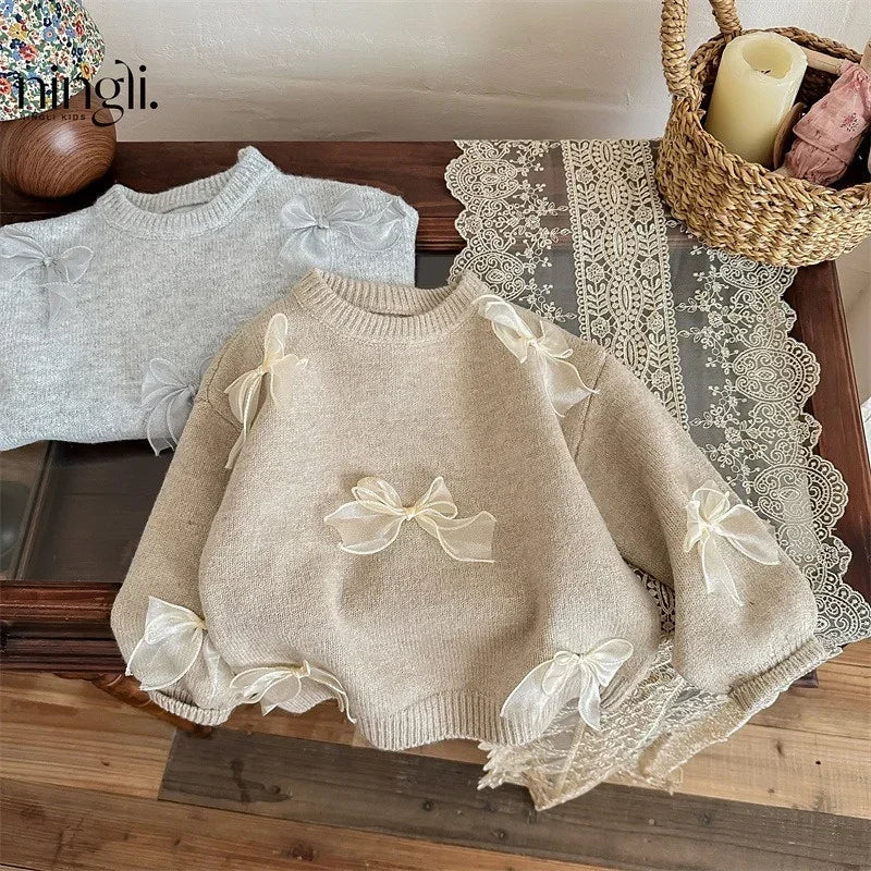 1-10Y Korean Children Clothing Autumn New Girl Baby Toddler Solid Bow Sweaters Winter Fashion Sweet Kid Princess Knitted Sweater