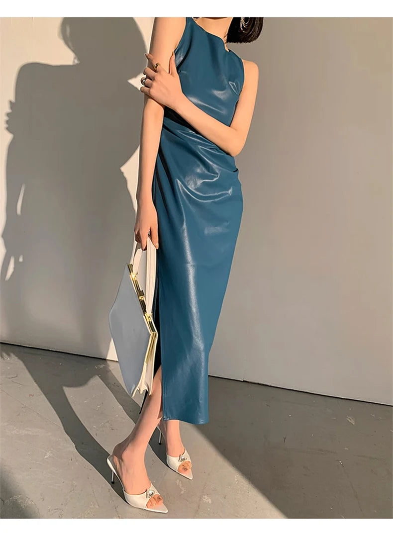 Lautaro Spring Autumn Sleeveless Backless Black Stretchy Blue Soft Faux Leather Midi Tank Dress Women Slim Fit Long Dresses 2023
