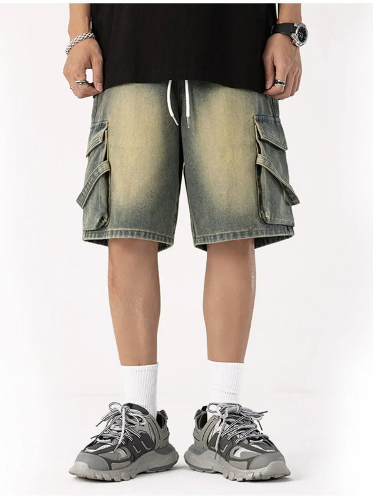 New Cowboy shorts, men's high-end personalized drawstring, loose casual denim five quarter pants, loose oversized wide leg pants