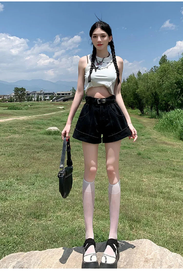 Women's Wine Red Denim Shorts High Waist Wide Shorts Harajuku Streetwear Korean Style Y2k Casual Blue A Line Jean Shorts Summer