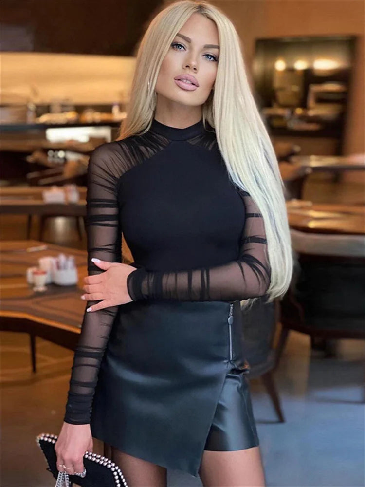 Weird Puss 2025 Mesh Patchwork Bodysuit Sexy Women Sleeve Ruched Skinny Turtleneck Bodycon Elegant Wild Tops Streetwear Outfits