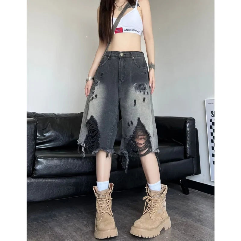 Zoki Harajuku Hole Y2K Denim Shorts Women Streetwear Vintage Gradient Jeans Shorts American Retro Bf Hip Hop Design Shorts New