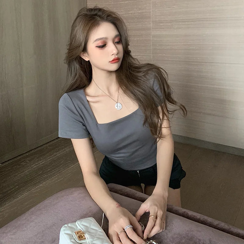 Women Slim Fit Square Neck Short Sleeve T-shirt High Waist Short Version Exposing Waist Outdoor Wear Base Shirt Top