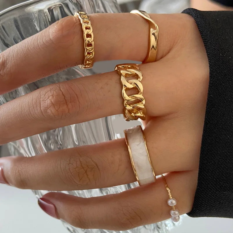 Vintage Shiny Zircon Butterfly Heart Ring Set Gold Color Boho Elegant Eyes Moon Geometric Rings Women Party Jewelry
