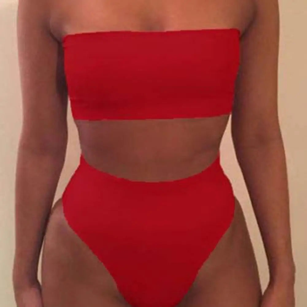 2 Pcs/Set Bikini Set Solid Color Elastic High Waist Strapless Female Bathing Suit Beachwear Summer Lady Swimsuit for Swimming