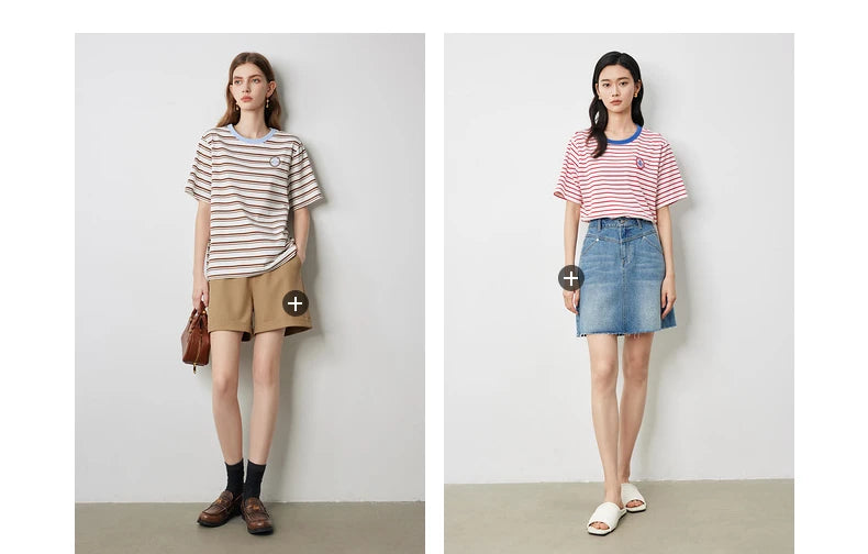 TOYOUTH Women Striped Short Sleeved T-shirt 2024 Summer New Academy Style Round Neck Top